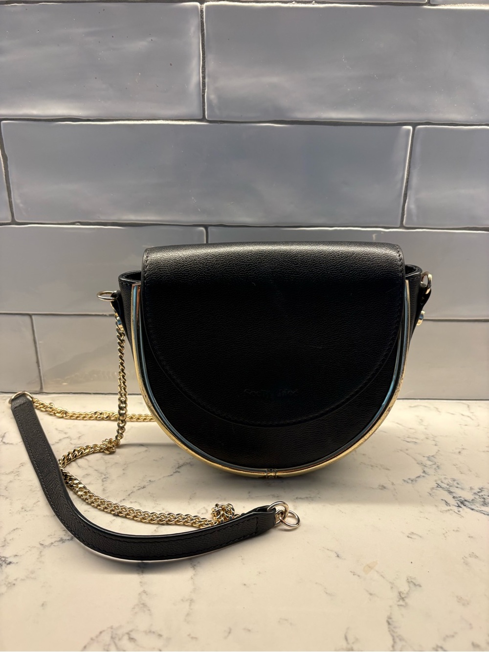 See By Chloé Black Half-Moon Crossbody with Gold Chain Trim